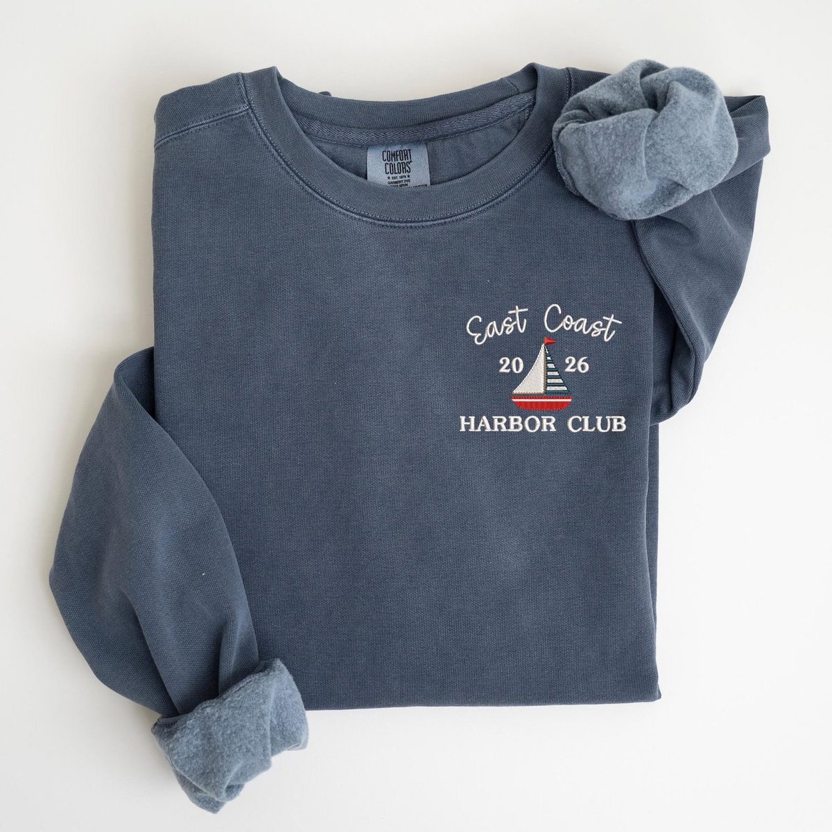 Embroidered Nautical East Coast Crewneck Sweatshirt: Pigment-Dyed Coastal Style Sailboat Pullover