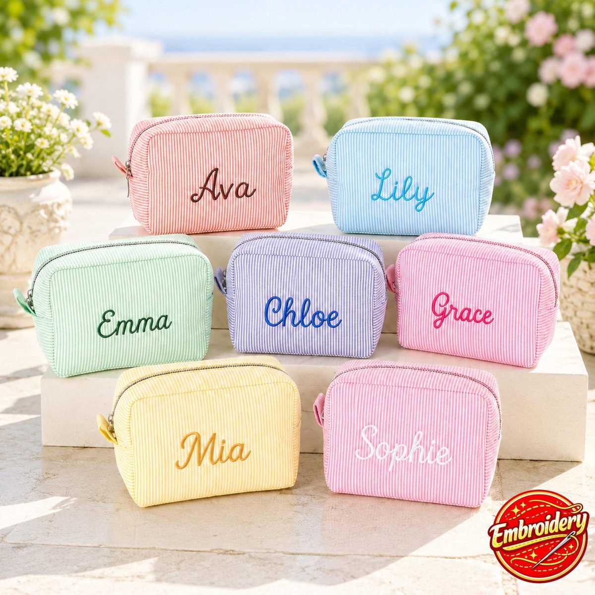 Custom Embroidered Seersucker Cosmetic Bag