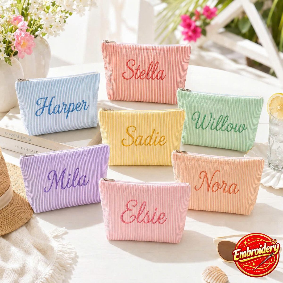 Custom Embroidered Seersucker Cosmetic Bag