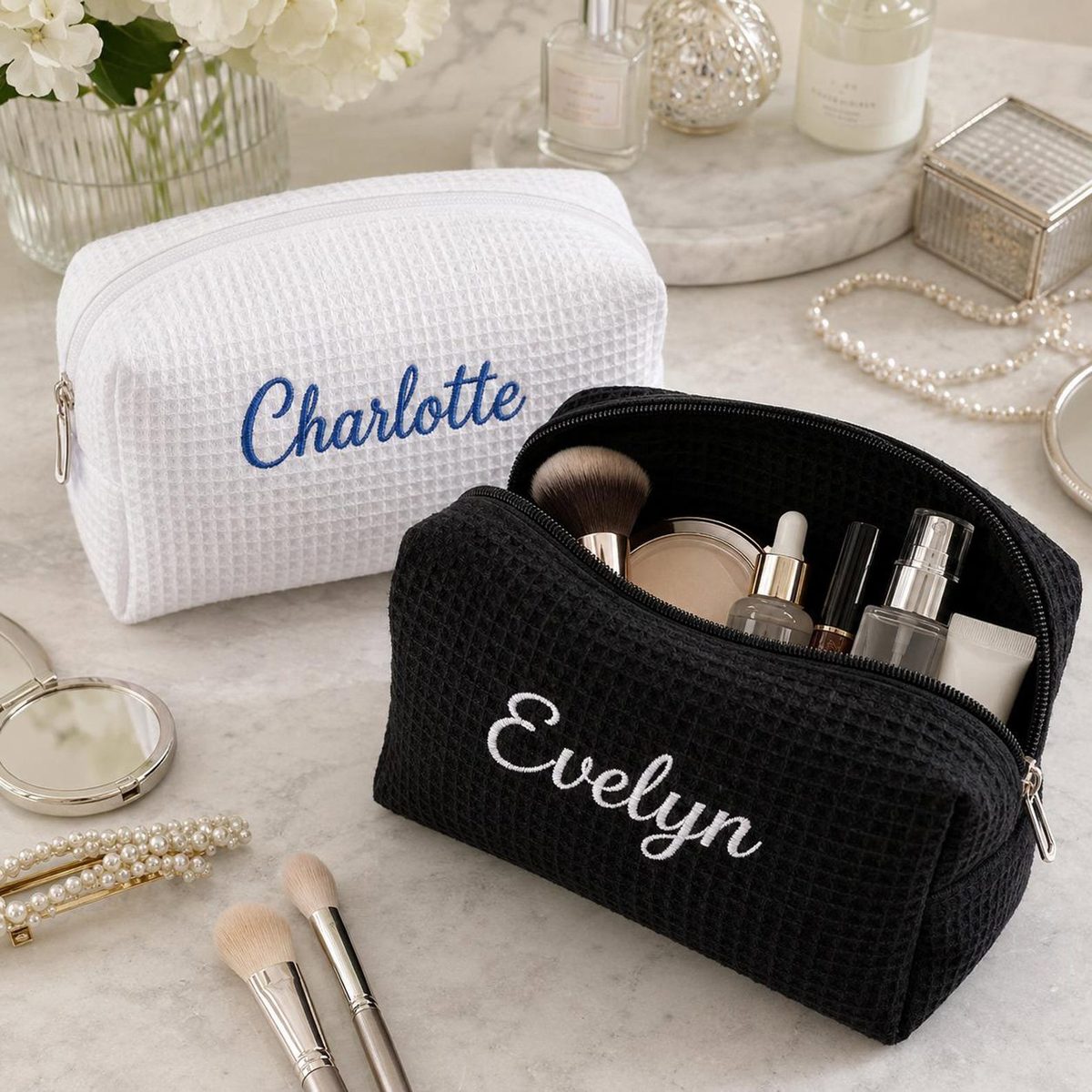 Custom Embroidered Name Waffle Makeup Bag - Personalized Monogrammed Travel Cosmetic Bag - Bacholerette Party Gift - Wedding Party Favors