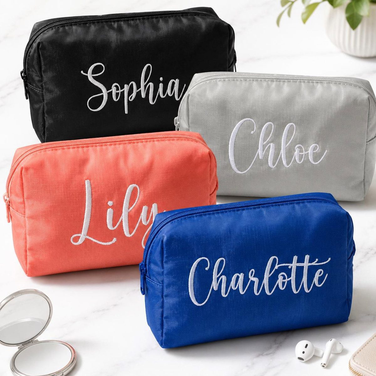Custom Embroidered Name Travel Cosmetic Pouch - Personalized Beauty Makeup Bag - Work School Bags - Women Birthday Gift for Her