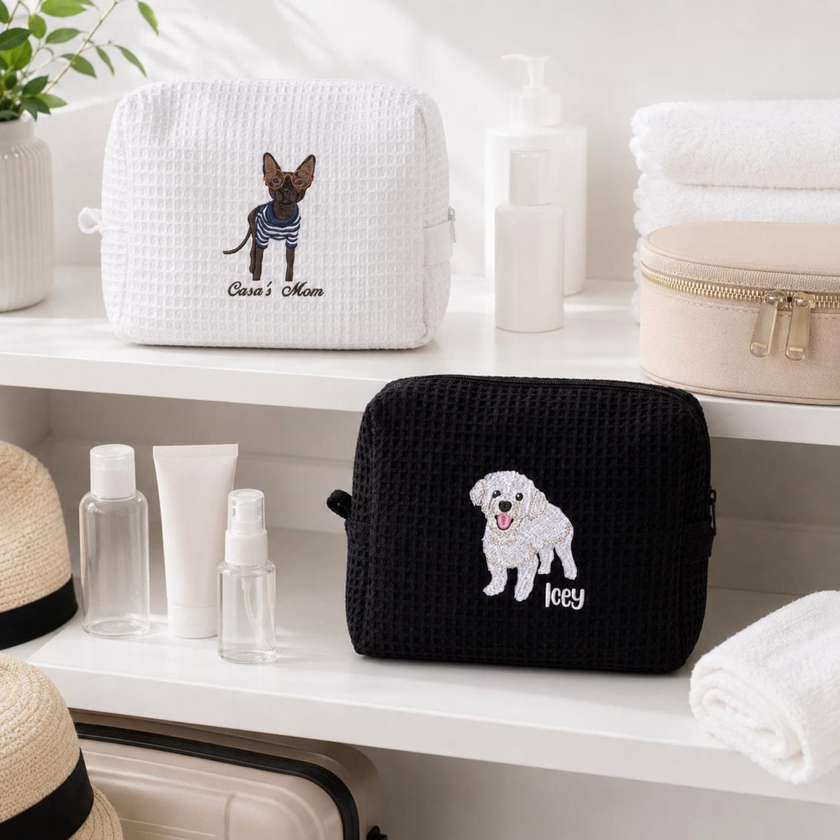Custom Embroidered Waffle Cosmetic Bag with Pet Portrait - Dog or Cat Photo Makeup Bag - Personalized Dog Toiletry Pouch - Women Travel Bag