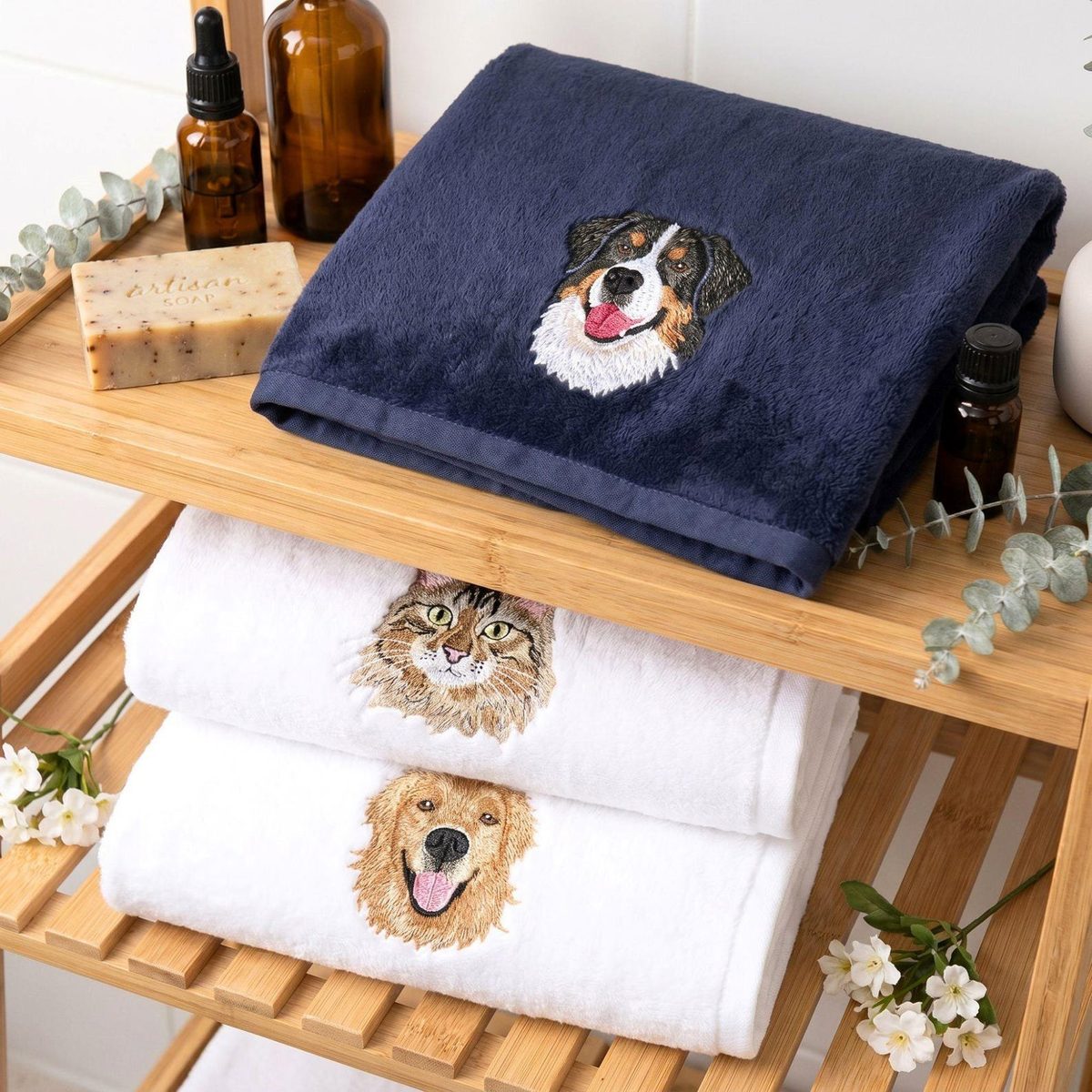 Custom Hand Towels With Embroidered Pet Portrait - Personalized Beach Towels For Dog Mom Dog Dad - Couple Towel Gifts - Pet Lover Gift