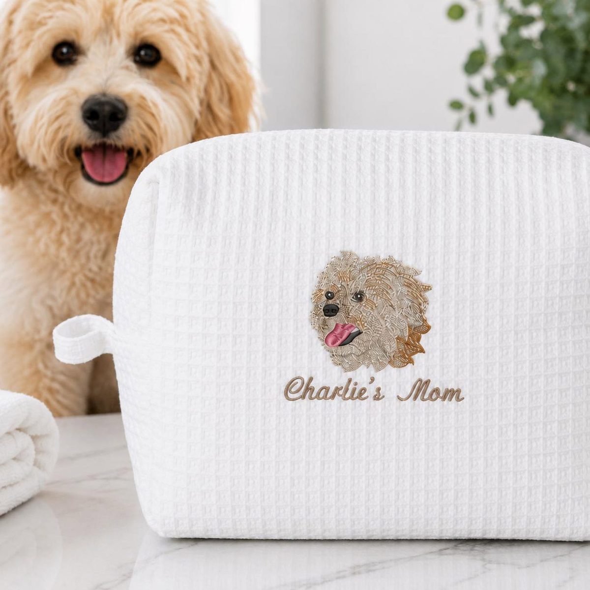 Custom Embroidered Pet Portrait Makeup Bag - Dog Photo Cosmetic Bag - Dog Mom Travel Pouch - Weave Toiletry Bag - Gift For Dog Lovers