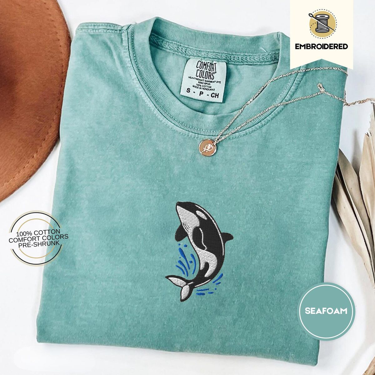 Orca Splash Embroidered Comfort Colors® Tee – Cute Whale Shirt for Summer