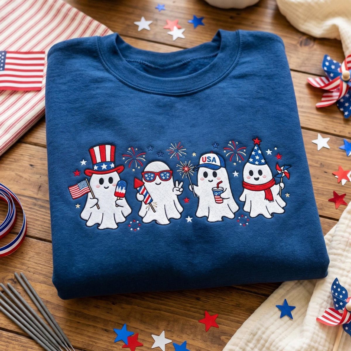 Embroidered Patriotic Summerween Ghost Sweatshirt