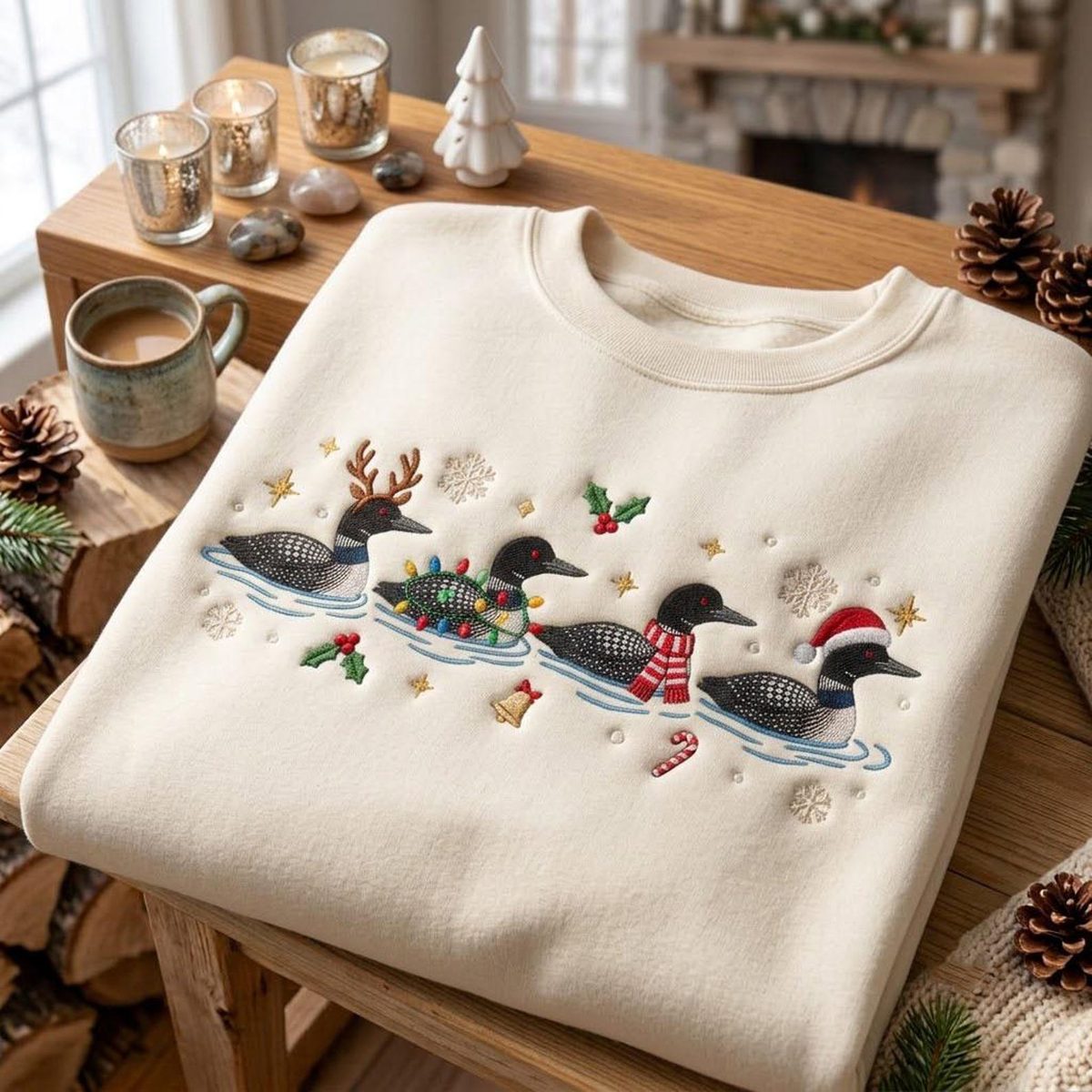Christmas Loon Embroidered Sweatshirt