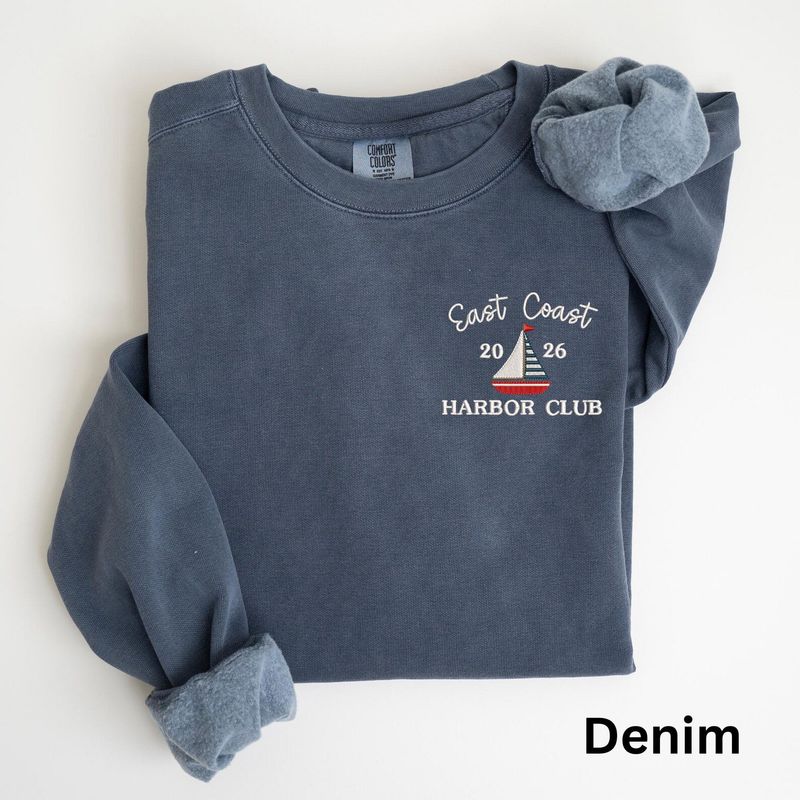 Embroidered Nautical East Coast Crewneck Sweatshirt: Pigment-Dyed Coastal Style Sailboat Pullover – image 4