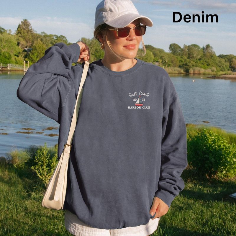 Embroidered Nautical East Coast Crewneck Sweatshirt: Pigment-Dyed Coastal Style Sailboat Pullover – image 5
