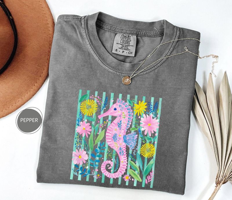 Comfort Colors Preppy Colorful Seahorse Shirt – image 4