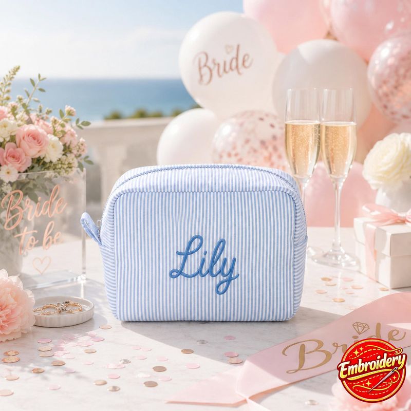 Custom Embroidered Seersucker Cosmetic Bag – image 17