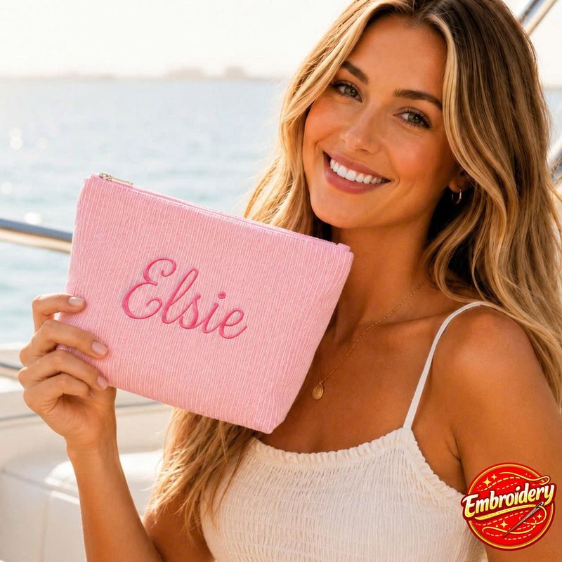 Custom Embroidered Seersucker Cosmetic Bag – image 13