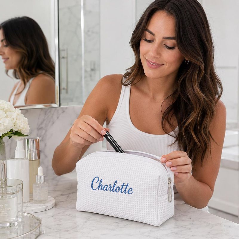 Custom Embroidered Name Waffle Makeup Bag - Personalized Monogrammed Travel Cosmetic Bag - Bacholerette Party Gift - Wedding Party Favors – image 6