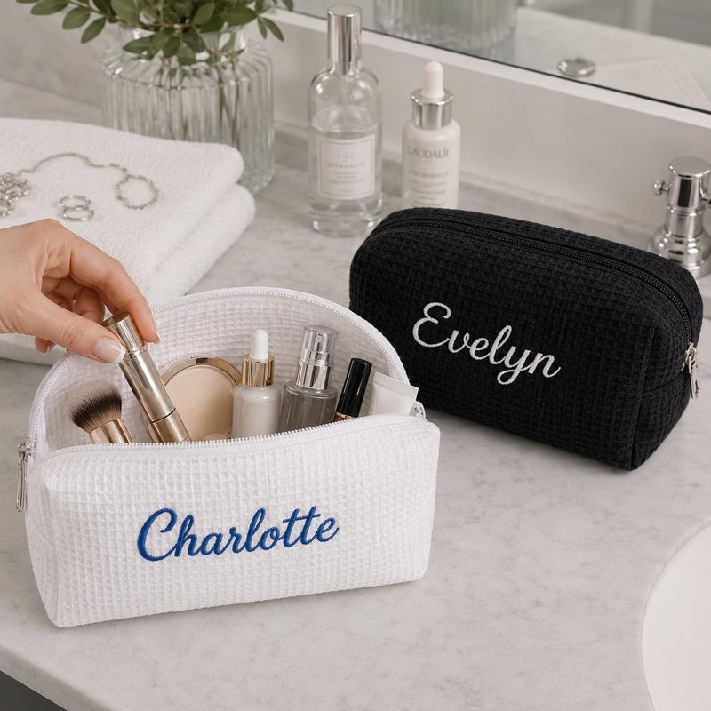 Custom Embroidered Name Waffle Makeup Bag - Personalized Monogrammed Travel Cosmetic Bag - Bacholerette Party Gift - Wedding Party Favors – image 7