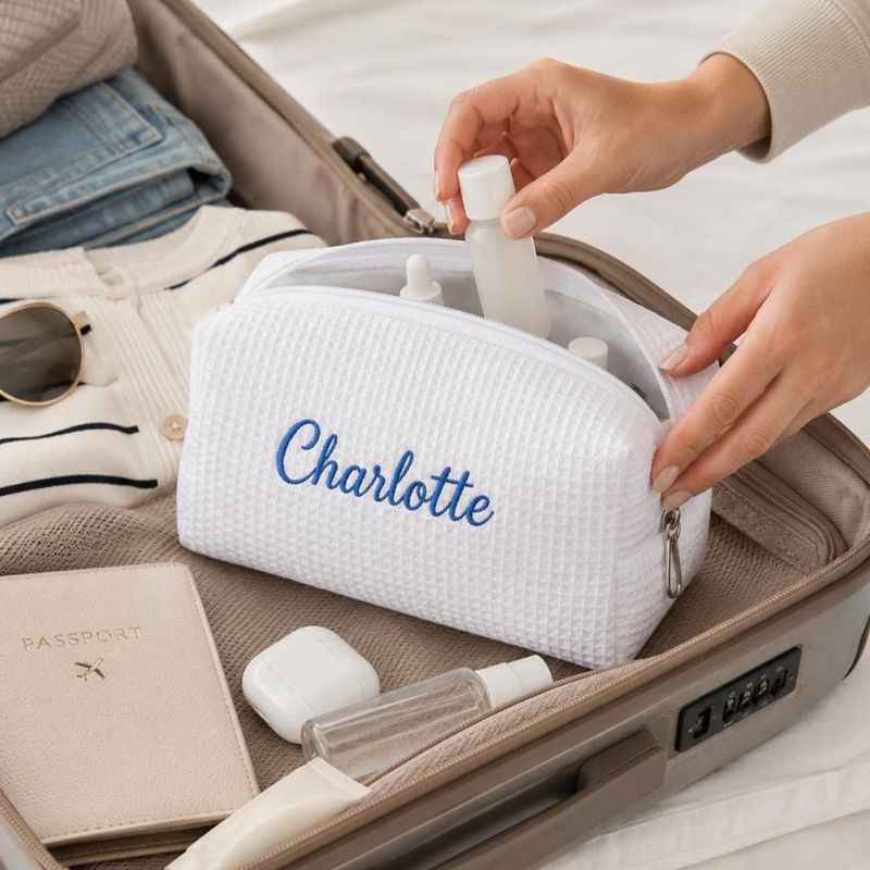 Custom Embroidered Name Waffle Makeup Bag - Personalized Monogrammed Travel Cosmetic Bag - Bacholerette Party Gift - Wedding Party Favors – image 10