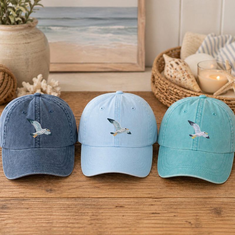 Embroidered Seagull Pigment Dyed Cotton Cap