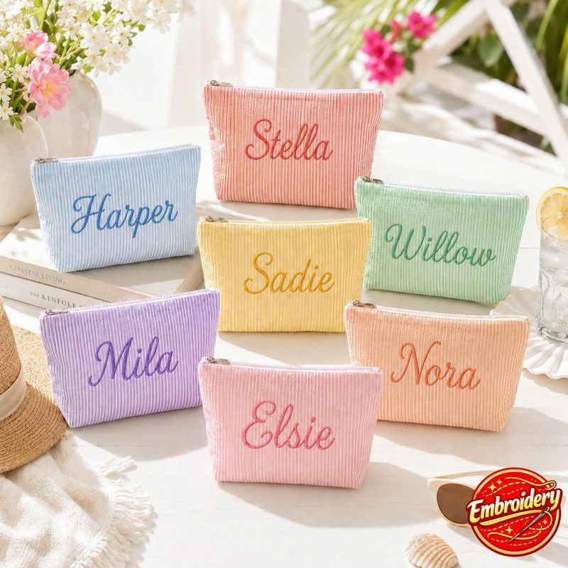 Custom Embroidered Seersucker Cosmetic Bag