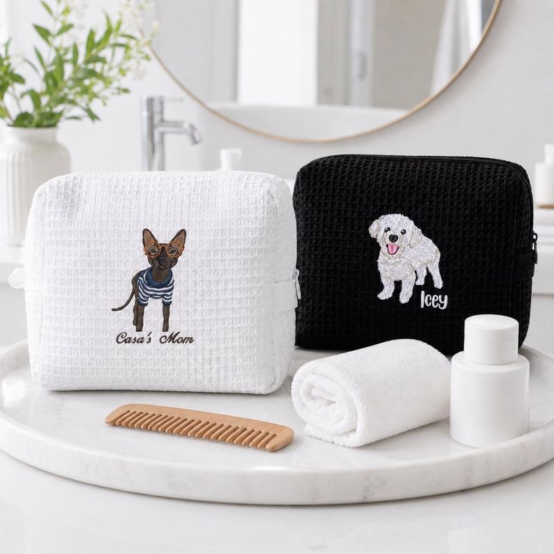 Custom Embroidered Waffle Cosmetic Bag with Pet Portrait - Dog or Cat Photo Makeup Bag - Personalized Dog Toiletry Pouch - Women Travel Bag – image 3