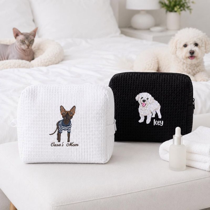 Custom Embroidered Waffle Cosmetic Bag with Pet Portrait - Dog or Cat Photo Makeup Bag - Personalized Dog Toiletry Pouch - Women Travel Bag – image 5