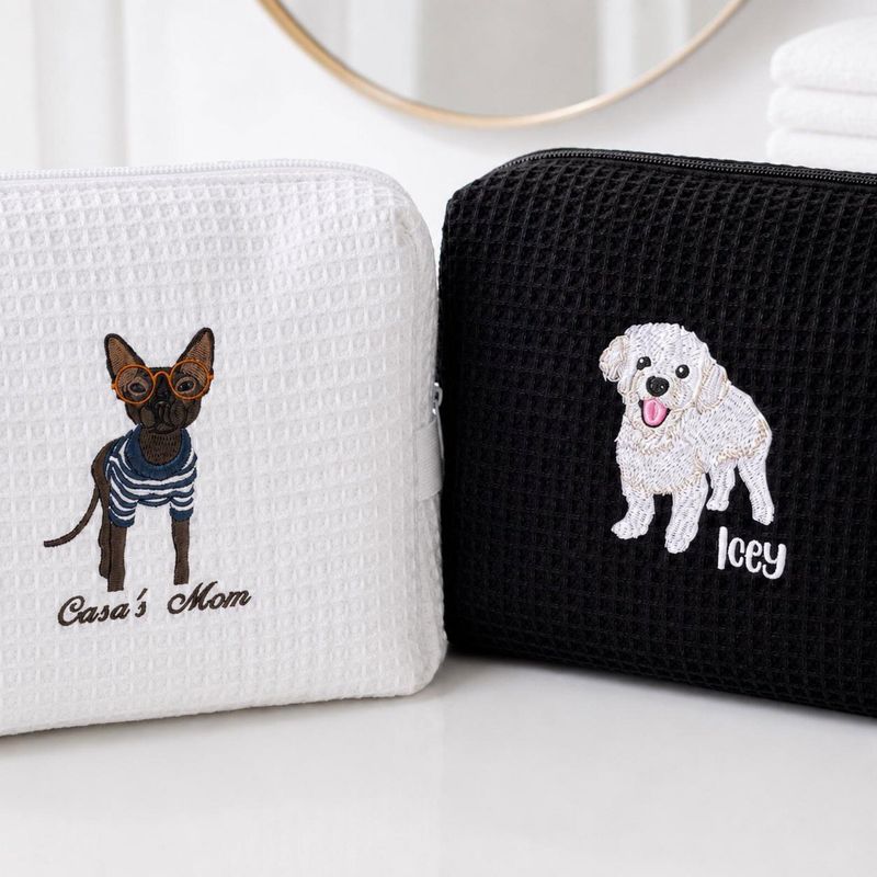 Custom Embroidered Waffle Cosmetic Bag with Pet Portrait - Dog or Cat Photo Makeup Bag - Personalized Dog Toiletry Pouch - Women Travel Bag – image 4