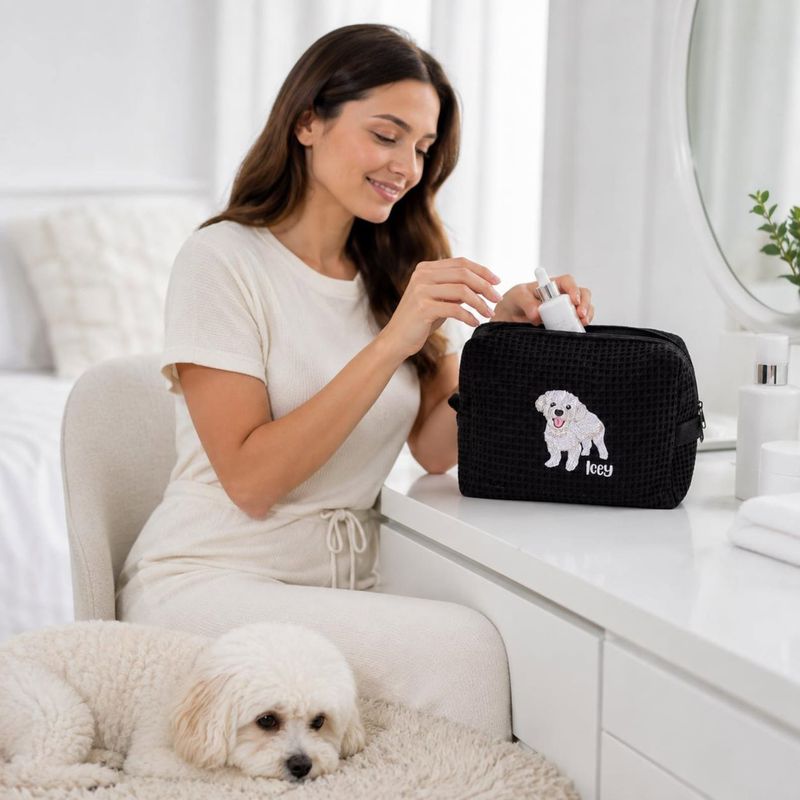 Custom Embroidered Waffle Cosmetic Bag with Pet Portrait - Dog or Cat Photo Makeup Bag - Personalized Dog Toiletry Pouch - Women Travel Bag – image 7