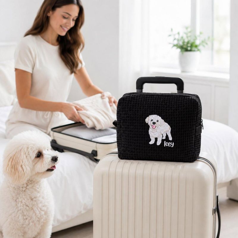 Custom Embroidered Waffle Cosmetic Bag with Pet Portrait - Dog or Cat Photo Makeup Bag - Personalized Dog Toiletry Pouch - Women Travel Bag – image 6