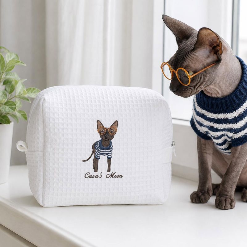 Custom Embroidered Waffle Cosmetic Bag with Pet Portrait - Dog or Cat Photo Makeup Bag - Personalized Dog Toiletry Pouch - Women Travel Bag – image 8