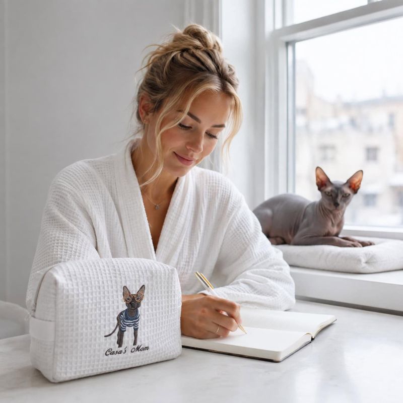 Custom Embroidered Waffle Cosmetic Bag with Pet Portrait - Dog or Cat Photo Makeup Bag - Personalized Dog Toiletry Pouch - Women Travel Bag – image 9