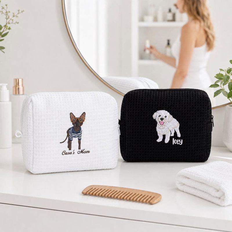 Custom Embroidered Waffle Cosmetic Bag with Pet Portrait - Dog or Cat Photo Makeup Bag - Personalized Dog Toiletry Pouch - Women Travel Bag – image 17