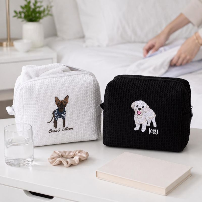 Custom Embroidered Waffle Cosmetic Bag with Pet Portrait - Dog or Cat Photo Makeup Bag - Personalized Dog Toiletry Pouch - Women Travel Bag – image 18