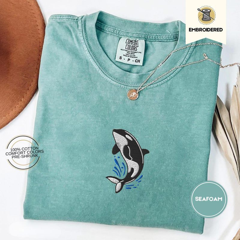 Orca Splash Embroidered Comfort Colors® Tee – Cute Whale Shirt for Summer